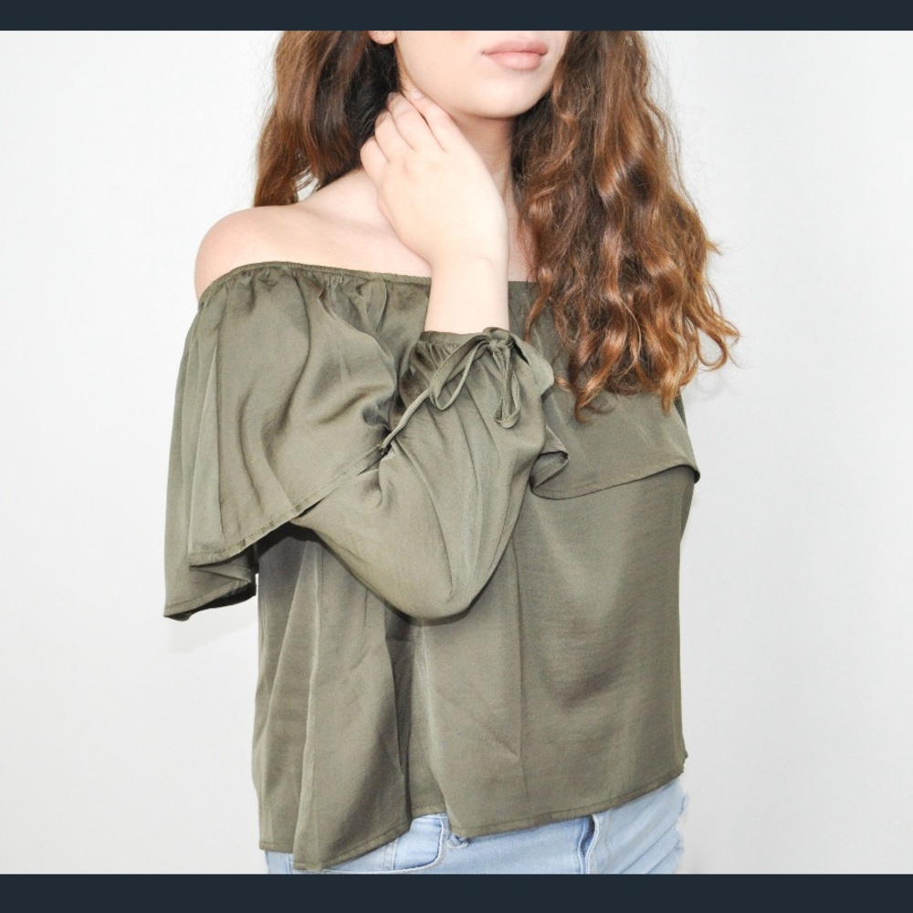 Silk olive off the shoulder top